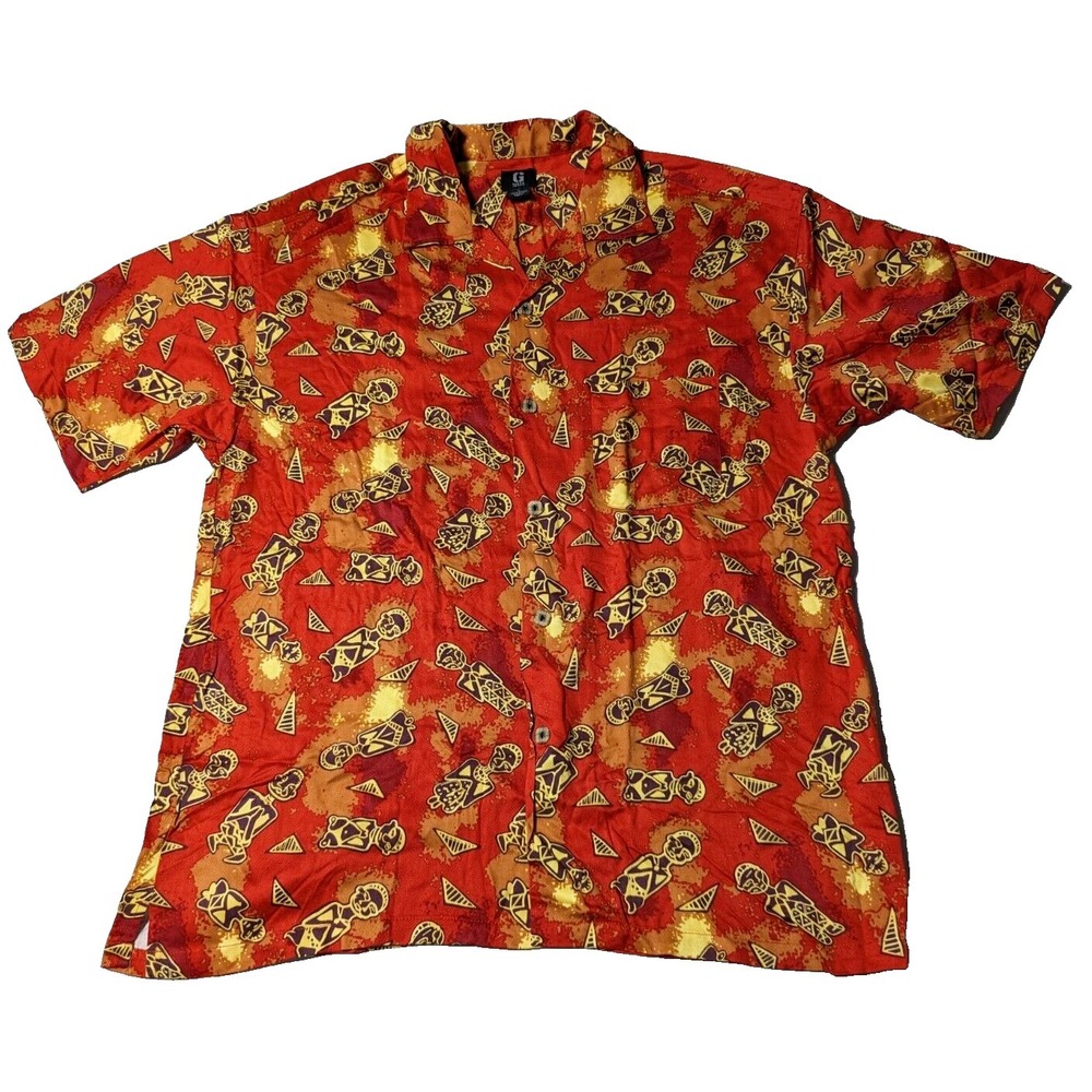VTG GUESS‎ JEANS TIKI IDOLS AOP Men Large Rayon Red Orange Yellow Hawaiian Shirt